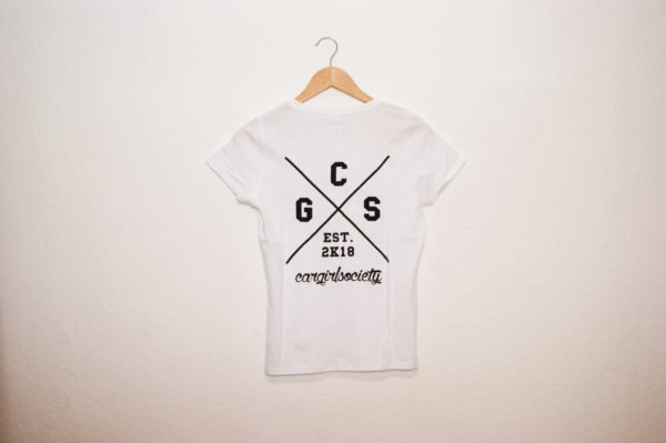 back of white t shirt with cargirlsociety print